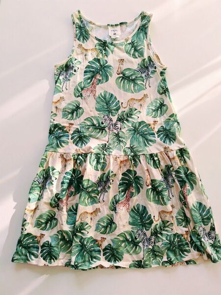 H&M ノースリーブワンピース アニマル柄 モンステラ 130-140cm サバンナ グリーン系