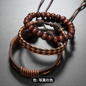 ★新品・未使用★レザーと木製ビーズのブレスレットセット★3個セット★ウッドビーズ 編み込み 革紐 ブラウン★