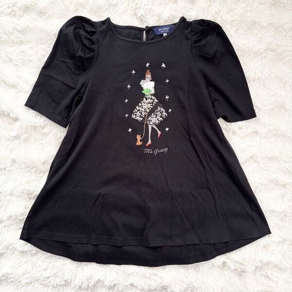 エムズグレイシー Tシャツ カットソー チュニック 女の子と犬 刺繍 38 M