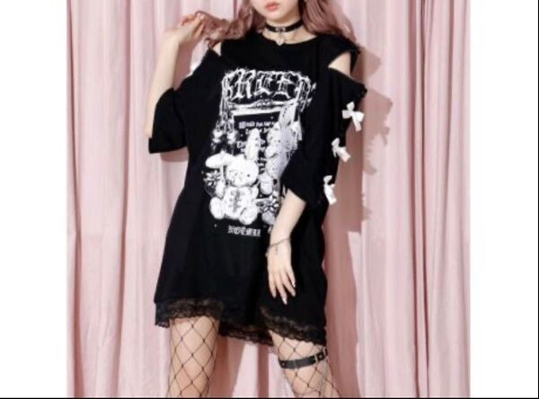 ノエミー NOEMIE 袖リボンオープンショルダー病みうさぎTシャツ M