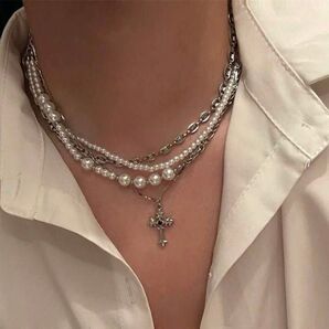 男女兼用 ネックレス クロス ラインストーン パール シルバー
