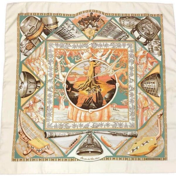 美品 HERMES エルメス カレ90 スカーフ タムタムの音に合わせて シルク100 ハンカチ