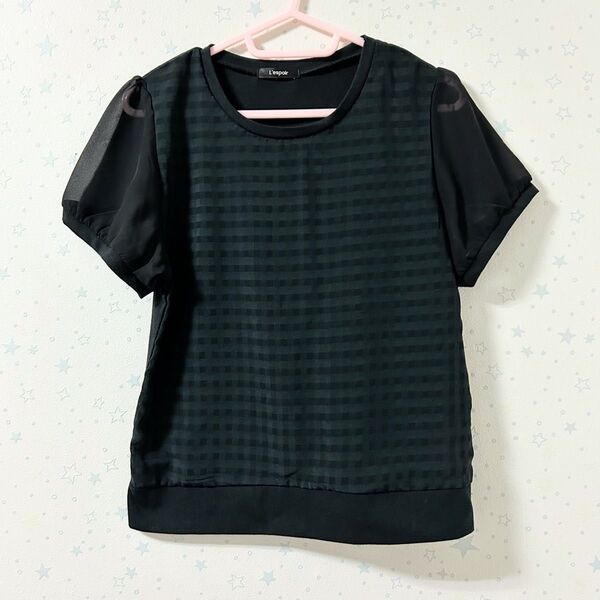 しまむら レスポワール Tシャツ 半袖 カットソー ブラック シースルー チェック シフォン 美品