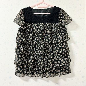 anysis ブラウス 半袖 フレンチスリーブ シアー シフォン 花柄 フリル 黒 フェミニン 春夏 ゆったり 美品