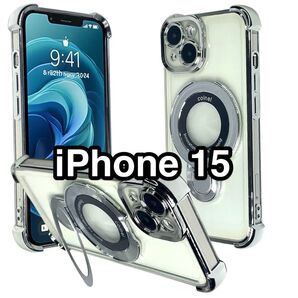 iPhone15ケース TPUクリア耐衝撃フレーム 高級メッキ 薄型軽量リングスタンド Magsafe シルバー