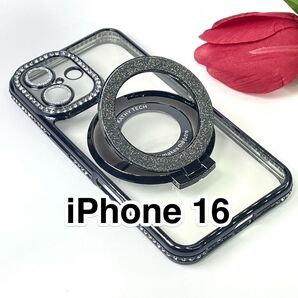 iPhone16ケース 黒 ラインストーンTPU 軽量 MagSafe グリッターリングスタンド ブラック カメラレンズ保護