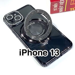 iPhone13ケース 黒 ラインストーンTPU 軽量 MagSafe マグセーフ グリッターリングスタンド ブラック