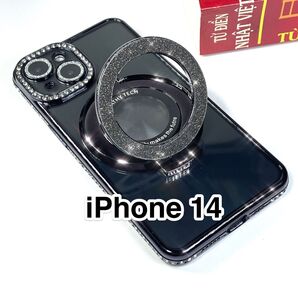 iPhone14ケース 黒 ラインストーンTPU 軽量 MagSafe マグセーフ グリッターリングスタンド ブラック