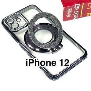 iPhone12ケース 黒 ラインストーンTPU 軽量 MagSafe マグセーフ グリッターリングスタンド ブラック