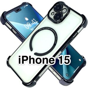 iPhone15ケース 黒 クリアTPU 耐衝撃フレーム Magsafe マグセーフ 高級メッキ ブラック