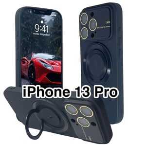 iPhone13Proケース 黒 大型カメラウィンドウ TPU 軽量 MagSafe リングスタンド ワイヤレス充電 ブラック