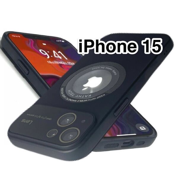 iPhone15ケース 黒 大型カメラウィンドウ TPU 軽量 MagSafe マグセーフ 無線 磁気 ワイヤレス充電 ブラック