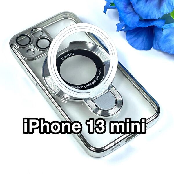 iPhone13miniケース TPUクリア 高級メッキ 薄型軽量リングスタンド Magsafe カメラレンズ保護 シルバー