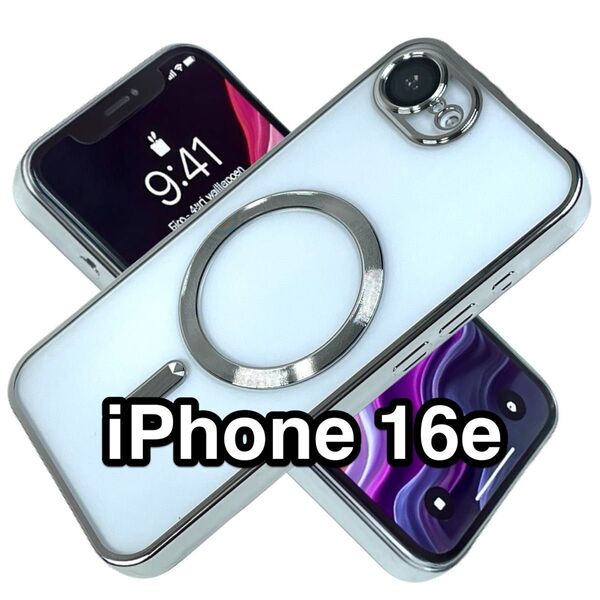 iPhone16eケース クリアTPU 高級メッキ加工 Magsafe カメラレンズ保護フィルム シルバー