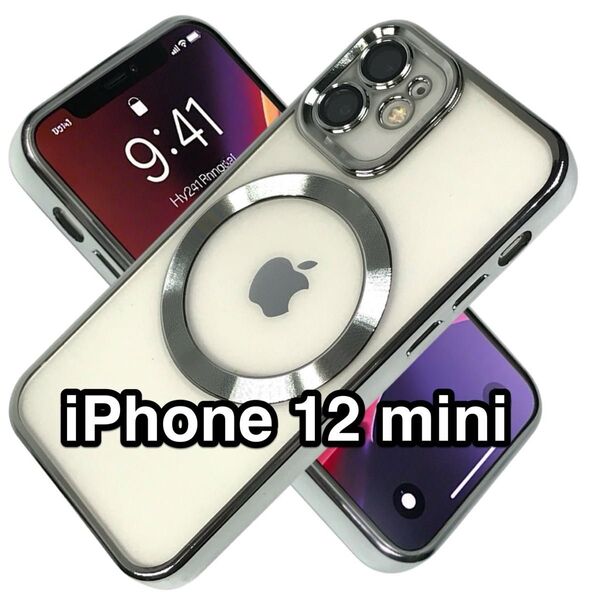 iPhone12miniケース クリアTPU 高級メッキ加工 Magsafe カメラレンズ保護フィルム シルバー