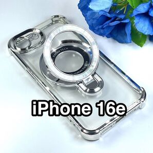 iPhone16eケース TPUクリア耐衝撃フレーム 高級メッキ リングスタンド Magsafe シルバー