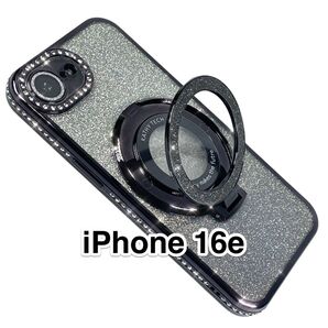 iPhone16eケース 黒 ラインストーン TPU MagSafe マグセーフ グリッターリングスタンド グリッターシート付き