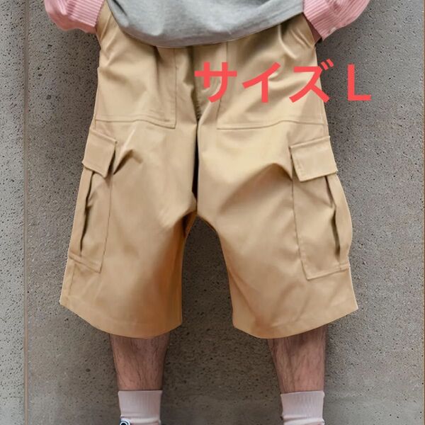 メンズ カーゴパンツ ハーフパンツ ハーフカーゴパンツ 膝丈パンツ アウトドア カジュアル カーキ Lサイズ