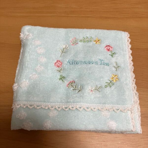 Afternoon Tea タオルハンカチ 水色 花柄 刺繍 レース