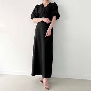 ジュノア レース切り替え タイト ロングワンピース 半袖ワンピース ロング丈 春夏ワンピース タイト ブラック 新品 L~XL