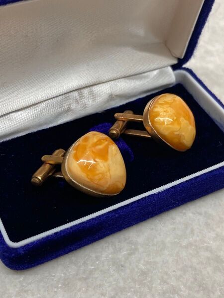 希少 レア ビンテージ ヨーロッパ 18K 刻印 18金 天然 本琥珀 蜜蝋 ロイヤルアンバー メンズ カフス 重さ約10.6g