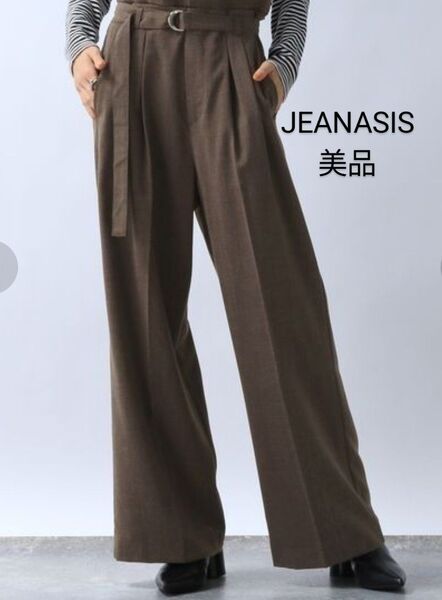 【美品】JEANASIS Wウエストベルトタックワイドパンツ フリー ブラウン ジーナシス