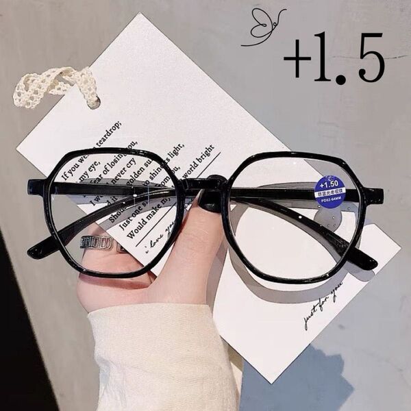 老眼鏡 オシャレ リーディンググラス 眼鏡 メガネ ブラック 黒 1.5 黒縁 多角形 シニアグラス 大きめ ブルーライトカット