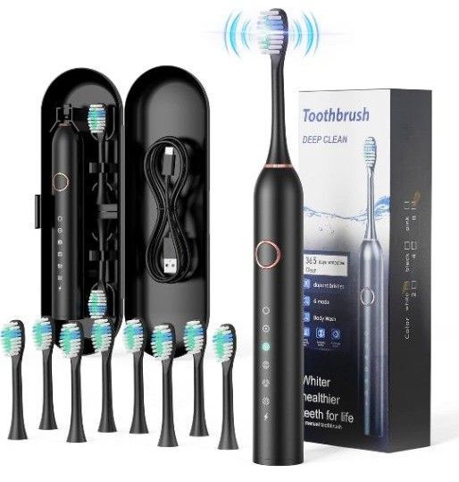電動歯ブラシ 音波式 歯ブラシ 音波振動 替えブラシ8本付き IPX7防水 6モード 収納ケース付き 携帯便利 旅行 SW2