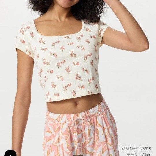 UNIQLO ユニクロ 花柄ショート丈トップス ポインテールスクエアネックT オフホワイト Lサイズ
