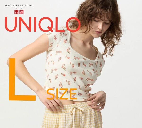 UNIQLO ユニクロ 花柄ショート丈トップス ポインテールスクエアネックT オフホワイト Lサイズ