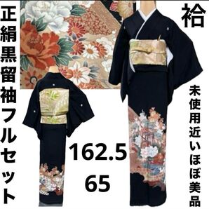 正絹友禅黒留袖5点フルセット 正絹 袷 黒留袖 御所車 友禅