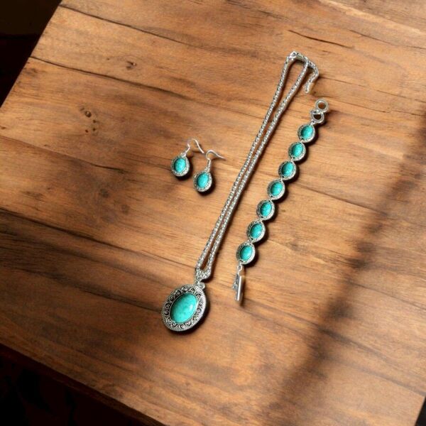 n【3点セット】 アクセサリー ネックレス ブレスレット ピアス ターコイズ ビンテージ風