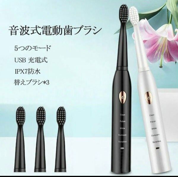 ソニック 音波式電動歯ブラシ 本体 替えブラシ3本付き 5ギアモード