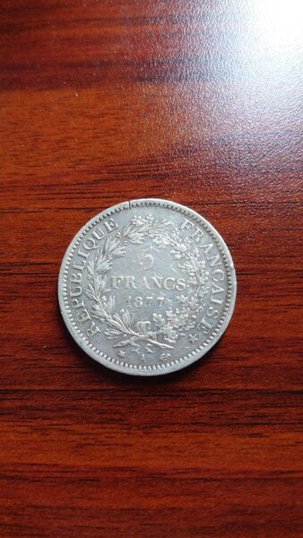 フランス 1877 (ほぼ150年歴史あり) 銀貨 5 フラン FRANCS 美品 VF+ 古銭 銀貨