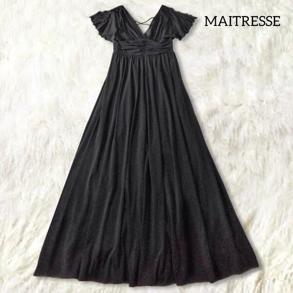 MAITRESSE メトリーゼ ロングワンピース マキシ M ブラック 半袖 ギャザー フレア カットスリーブ 夏 シンプル 無地