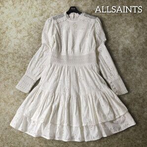 ALLSAINTS オールセインツ カットワーク レース ワンピース ホワイト インド綿 シアー フリル ひざ丈 フレア 長袖