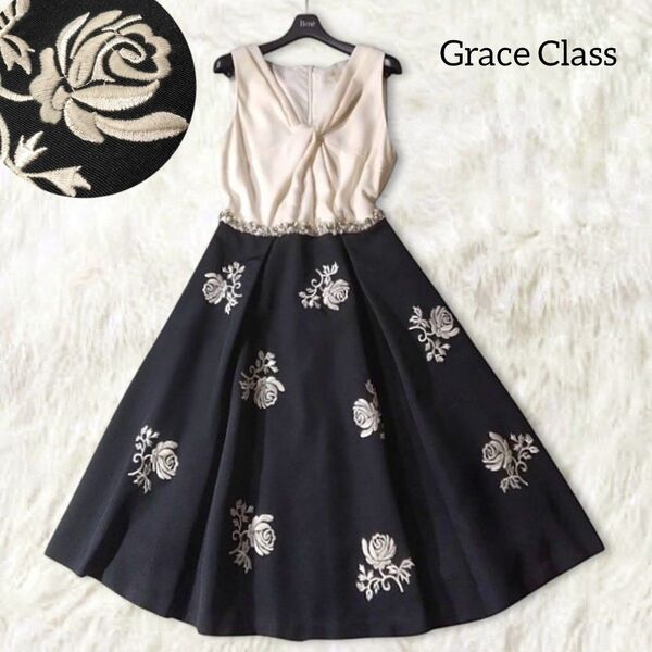 Grace Class グレースクラス ワンピース ドレス 38 フォーマル 花柄 ローズ 刺繍 ビジュー ノースリーブ ひざ丈