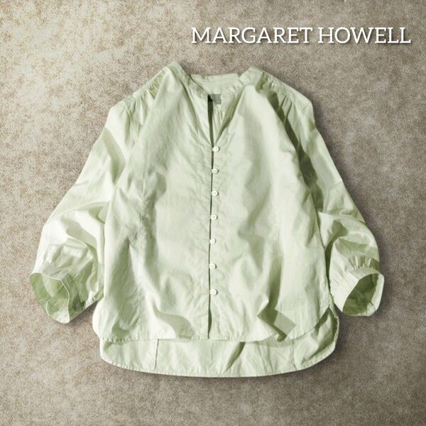 MARGARET HOWELL マーガレットハウエル シャツ ブラウス 2 日本製 グリーン バンドカラー ギャザー 春夏 無地