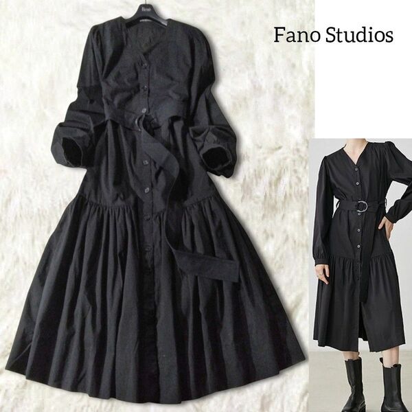 Fano Studios ファノストゥディオズ ティアード シャツワンピース ロングワンピース ブラック Vネック ギャザー
