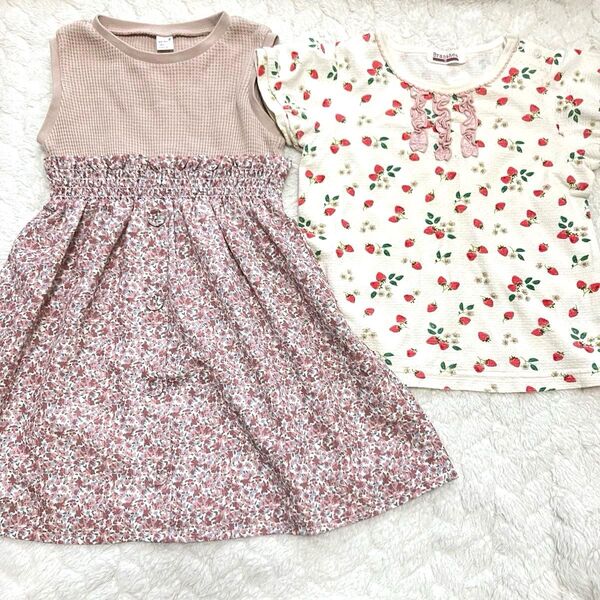 アプレレクール 花柄ワンピース 90とブランシェス いちごTシャツ 95 女の子 トップス