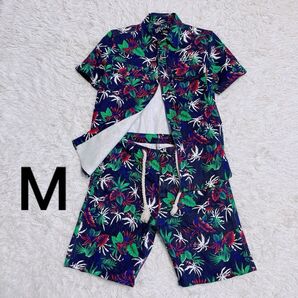 【希少デザイン】LEFLAH レフラー 刺繍ロゴ ボタニカル柄 デニムシャツWANIMAセットアップ ネイビー ボタニカル柄