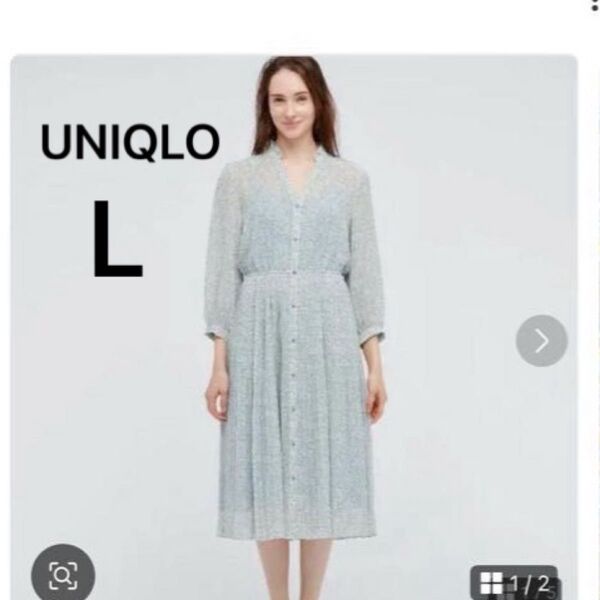 UNIQLO 小花柄ワンピース Lサイズユニクロ プリントシフォンプリーツワンピース(7分袖)L花柄ワンピース ロングワンピース