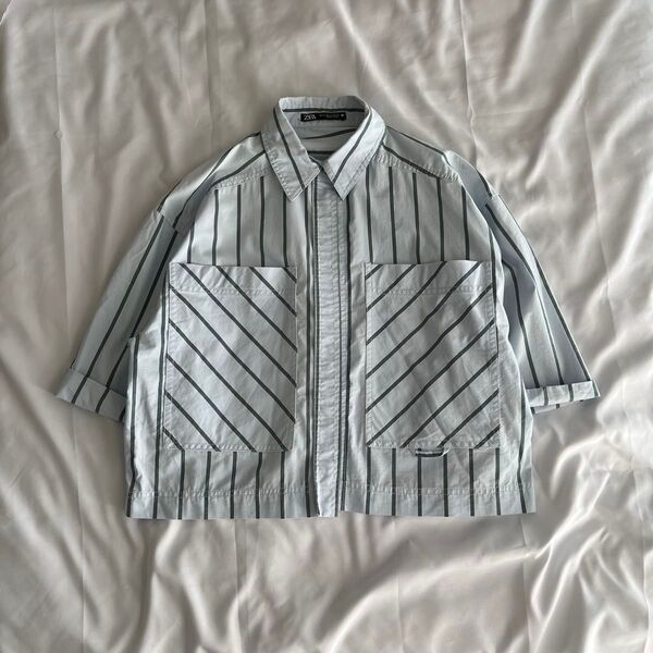 00’s vintage Zara 半袖シャツ ストライプ 古着 アメカジ y2k ストリート プレーンシャツ ショート丈
