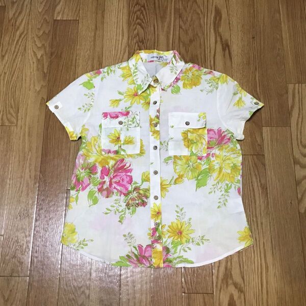◆ 黄色 ピンク 花柄 半袖 シャツ ブラウス トップス Mサイズ ☆ 綿100% 半袖シャツ