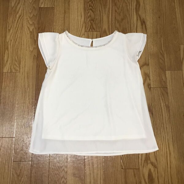 ◆ NATURAL BEAUTY BASIC ビジュー付き ホワイト系 シフォン ブラウス シャツ ☆ Sサイズ 半袖