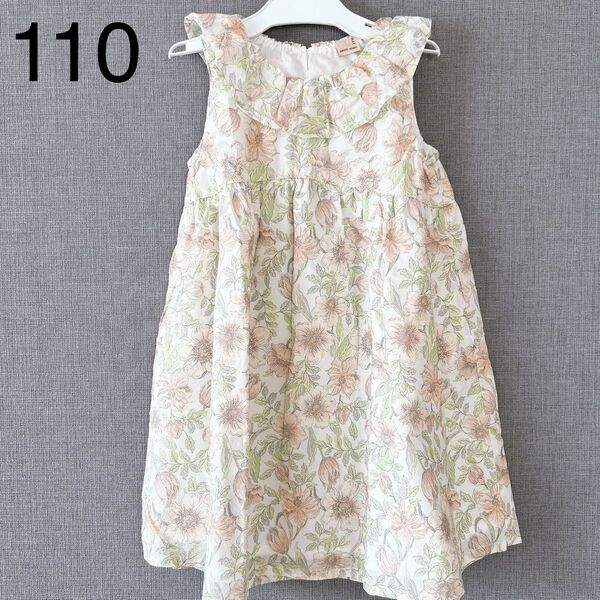 プティマイン 花柄フリル衿ワンピース ピンク コットン 110