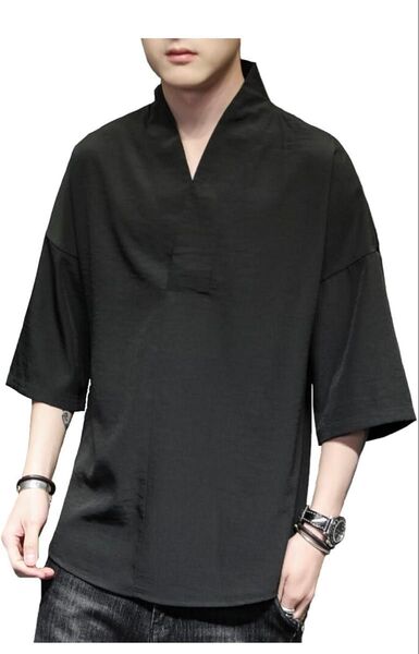 tシャツ メンズ シャツ ワイシャツ 半袖 五分袖 ゆったり Vネック 無地