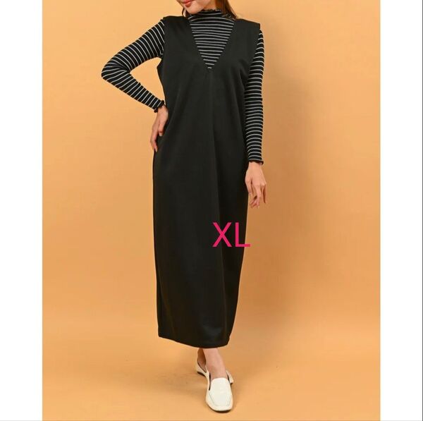 Lily of Valley 前後 2way ロング ワンピース Vネック Uネック きれいめ ジャンパースカート 黒 XL