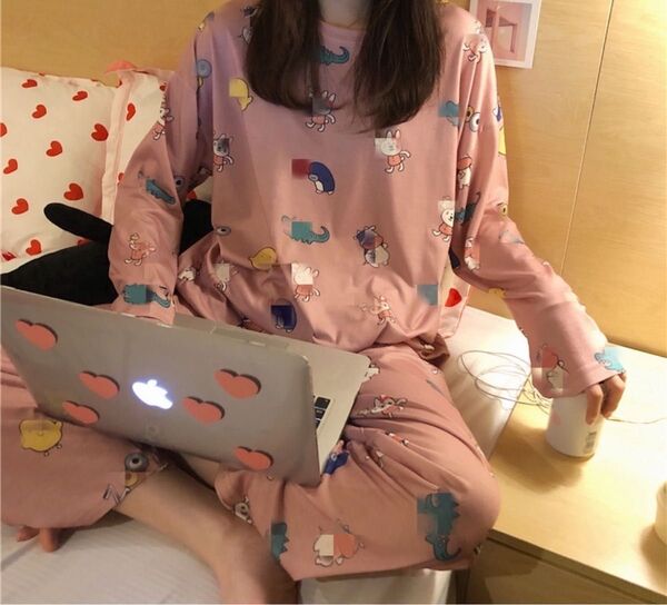 アニマル ピンク XLサイズ ルームウェア パジャマ 春夏秋 薄手 部屋着 リラックス 上下セット 女性 婦人 長袖 ズボン