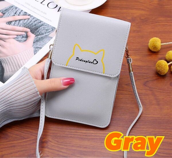 薄型 軽量 スマホショルダーバッグ グレー 猫 ネコ キャット 肩掛け 携帯 スマホ 小物入れ 女性 学生 婦人 旅行